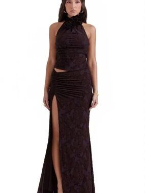 House of CB Black High-Slit Halter Lace Gown